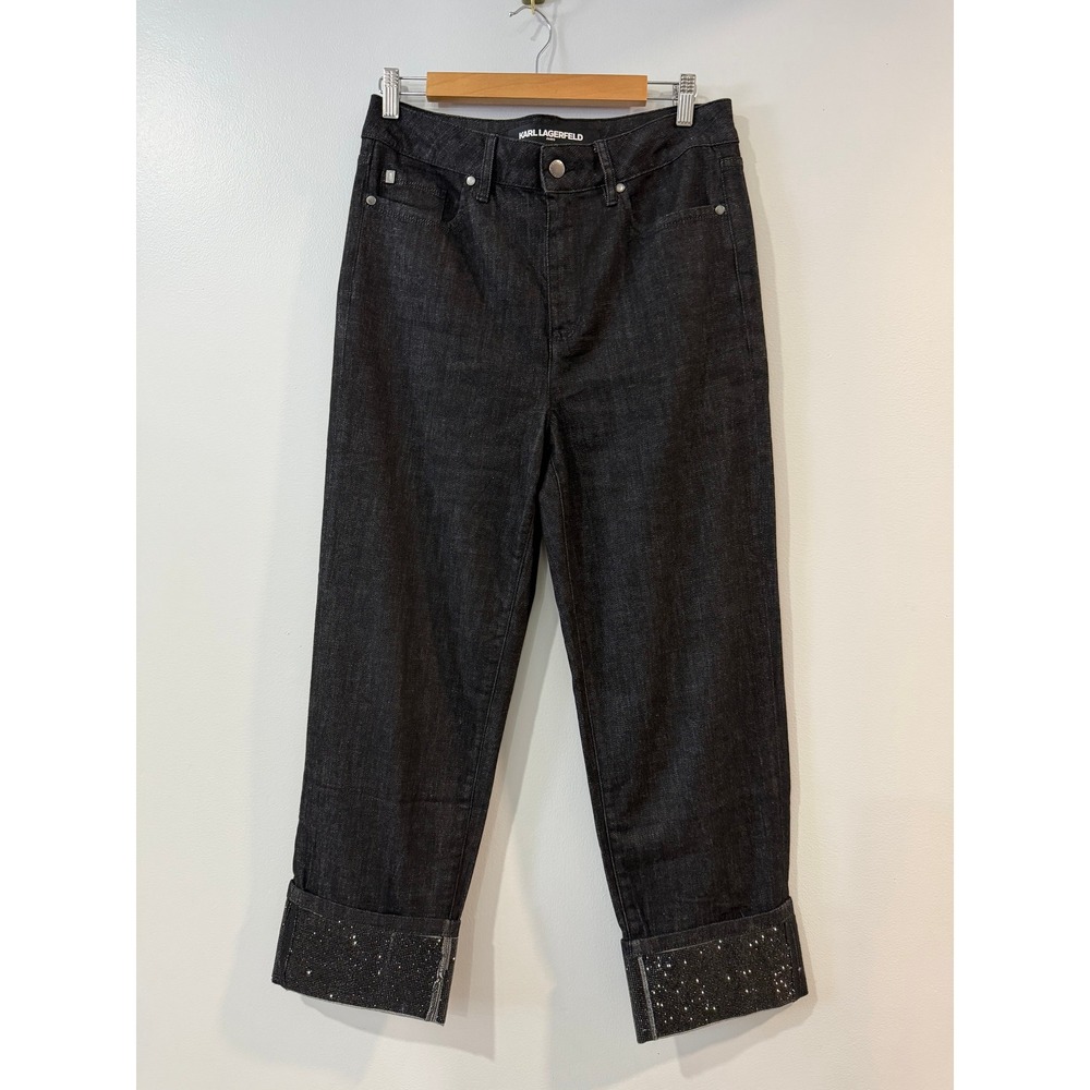 Karl Lagerfeld Paris Women Black Rhinestone Cuff Straight Leg High Rise Jeans